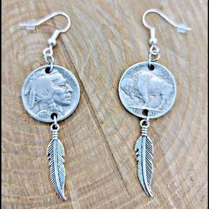 Vintage Genuine Indian Head American Bison Buffalo Nickel Feather dangling pair